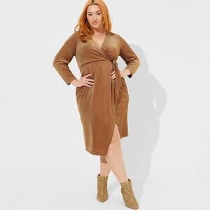 Torrid Women's Midi Glitter Knit Surplice Slit Tie Dress Gold Size 3X